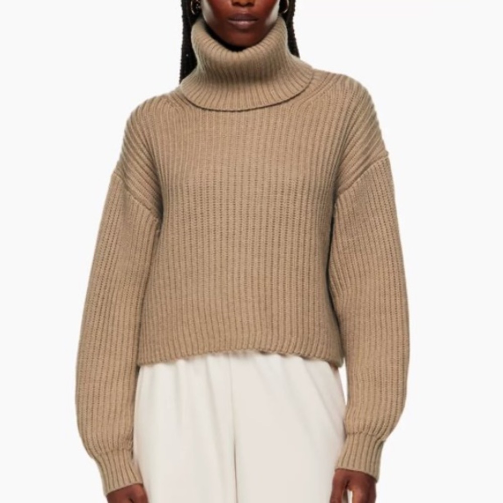 Aritzia Babaton Guell sweater size XS heather gold camel ribbed turtleneck wool